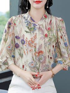 เสื้อเชิ้ตผ้าชีฟองแขนสั้นลายดอกไม้สำหรับคุณแม่วัยกลางคน เสื้อคาร์ดิแกนเปิดไหล่แขนยาวทรงตรงพิมพ์ลายสไตล์ลำลอง