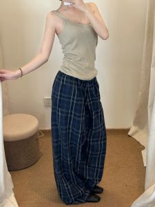 Quần Ống Rộng Kẻ Caro Màu Xanh Lam Cổ Điển Cho Nữ Quần Dài Thường Ngày Cạp Cao Túi Quần Ống Đứng Mùa Thu Phong Cách Paris