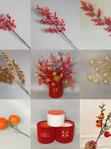 Red Fruit Lucky Bucket Floral Arrangement New Years Decor DIY Material Artificial Eucalyptus Silver Pinecone Evergreen