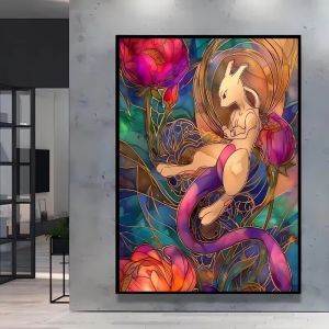 Bandai | DIY Pokemon Stained Glass Style Diamond Painting Fantasy Floral Anime Creature Art For Living Room Wall Decor Exquisite Gift
