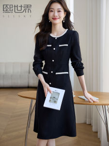 Elegant Slimming Black Dress World Fashion Waist-Cinching Long Sleeve Midi Skirt Polyester Blend Autumn New Arrival Womens Dress