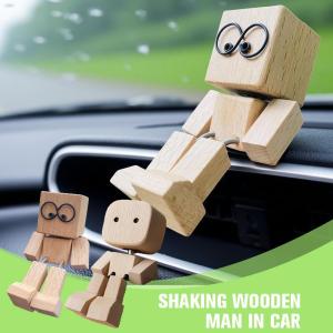 Wobble Head Car Decor - Cute Wooden Figure Dashboard Ornament Stress Relief Gift with Shaker for Office Desk
