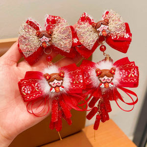 New Year Childrens Hair Accessories Red Butterfly Knot Plush Tassel Hair Clips Girls Festive Celebration Hair Decorations