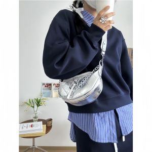 Fashionable Silver Crossbody Bag for Women 2024 New Summer Commuter Bag Versatile Back Chest Waist Bag Soft PU Leather