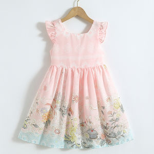 Pure Cotton Summer Dress for Girls Childrens Lolita Princess Skirt Floral Print Sleeveless Strap Vest Skirt Soft Cotton Fabric
