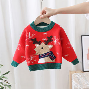 Áo Len Tuần Lộc Bé Gái Áo Mặc Trong Mùa Thu Đông Cho Trẻ Em Mẫu Mới Áo Kiểu Tây Áo Dệt Kim Lót Nhung Cho Bé Chui Đầu