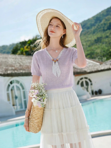 XIANGYING | Polka Dot V-Neck Flared Ribbon French Loose Light Purple Knitted Blouse