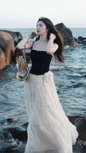 MK_Set nàng thơ đồ đi biển set áo 2 dây kèm chân váy dáng dài đính bông Voan tơ 2 lớp