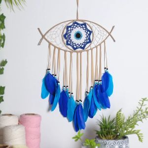 Vòng Tay Evil Eye Dream Catcher Boho Trang Trí Treo Tường Với Lông Vũ Màu Xanh Nghệ Thuật Treo Tường Trang Trí Phòng Khách Quà Tặng-Chất Liệu Hữu Cơ Không Cần Lắp Ráp