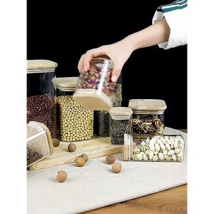 Hũ Thủy Tinh Vuông Hộp Lọ Thủy Tinh Vuông Nắp Gỗ 210-1950ml Đựng Thực Phẩm Đồ Khô Ngũ Cốc-HAUSE
