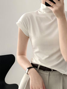 Modal Short Sleeve T-Shirt Womens Summer Fashion Personality Half High Collar Top Korean Style Slim Fit Creative Pattern