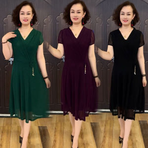 Middle-Aged Ladieswear Chiffon Dress Womens Summer New Arrival Short Sleeve Waist-Controlled V Neck Temperament Youthful-Looking Wide Lady Dress