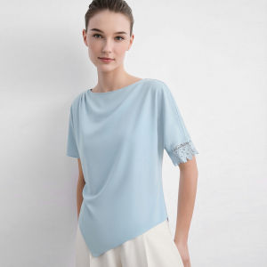AMII | Commuter Boat Neck Asymmetric Short Sleeve Lace Spliced Chiffon Top