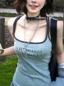 Áo Ba Lỗ Không Tay Màu Xám Ôm Vừa Vặn Phong Cách Mỹ Cổ Điển Dành Cho Nữ Mùa Hè 2025 Áo Thun Thời Trang Đa Năng