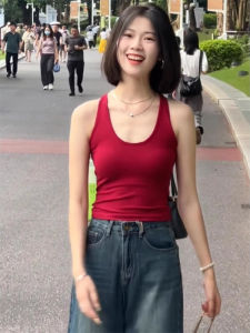 YUEZHONGWEI | Red Strappy Tank Top Slim Fit Short Style