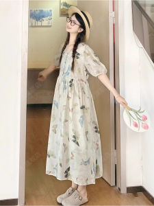 Summer New Chinese Style Long Dress Womens Loose V-neck Slimming Casual Print Button Dress French Gentle Wind A-line Skirt