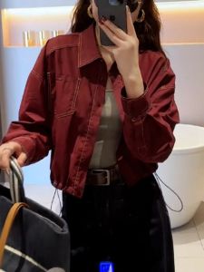 Red Casual Jacket Womens Fashion Spring 2025 Korean Style Slimming Top High-End Feelings Commute Style Long Sleeve Polo Collar
