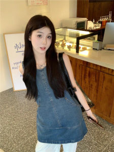 Korean Style Spring 2025 Fashion Slimming Sleeveless Vest Dress Womens Midi Skirt High Waist Button Pocket Denim Soft A-Line
