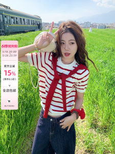 Poncho-style Red Stripes Knitted T-shirt Summer Wear