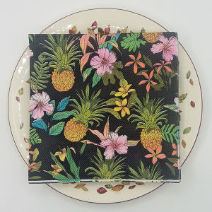 20pcs Tropical Pineapple Napkins Black Background with Colorful Flowers 33x33cm Disposable Party Tableware for Hawaiian Luau