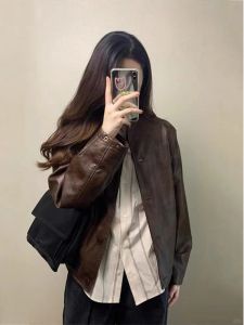 Retro Brown Leather Jacket Womens Loose Cool Sweet American Motorcycle Jacket Outerwear Spring Autumn New Style Small Size