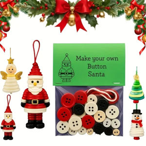 DIY Christmas Button Decoration Craft Kit Snowman Santa Claus and Angel Figures with Button Hats Easy-to-Hang Tree Ornaments