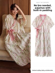 miiow | Cat Woman Sleep Dress Womens Short Sleeve With Chest Pad Mid-Length Gown Outdoor Wear Home Clothes Summer Sweet Style V-Neck Floral Pattern