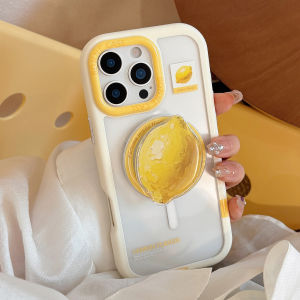 Korean Yellow Lemon Magnetic Bracket Phone Case for iPhone 17 Air 16 15 14 13 12 11 Pro Max Acrylic Clear Shockproof Hard Cover