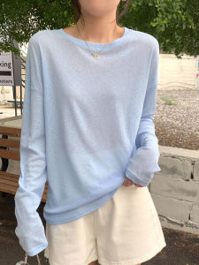 เสื้อยืดแขนยาวฤดูร้อนขี้เกียจสําหรับผู้หญิงในสีลูกกวาดป้องกันแสงแดดหลวมพอดีรอบคอเสื้อผ้าทํางานเสื้อสแปนเด็กซ์โพลีเอสเตอร์