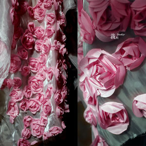 Rose Flower Embossed Fabric Material for Wedding Dress Design Transformation Pink Color 3D Texture Sponge Pad DIY Handcraft
