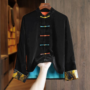 Elegant Short Velvet Jacket for Women Spring Autumn Vintage Color Block Chinese Style Button up Top Loose Fit Batwing Sleeve