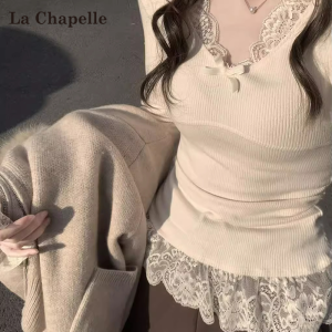 La Chapelle | Chic Lace Trim Long Sleeve T-shirt Slimming and Warm