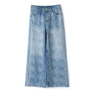 Design Blue Check Washed Loose Straight Flared Jeans