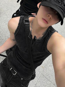 Ssumenam | Henry Collar Black Mens Tank Top Summer Rugged Design Slim Fit