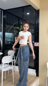 JIAQI กางเกงยีนส์ยืดทรงหลวม สไตล์คาร์โก้ มีเชือก ปรับได้ กางเกงยาวขากว้าง S-5XL