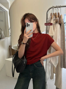 Red Half-High Collar Ice Silk Knitted Short Sleeve T-Shirt Womens Summer Design Slimming Small Size Top Korean Style Casual Commute