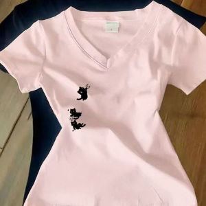 Áo Thun Nữ Cổ Chữ V in Họa Tiết Mùa Hè Tay Ngắn Ôm Vừa Vặn Thời Trang Thường Ngày Phong Cách Ngọt Ngào Cay Nồng Cơ Bản