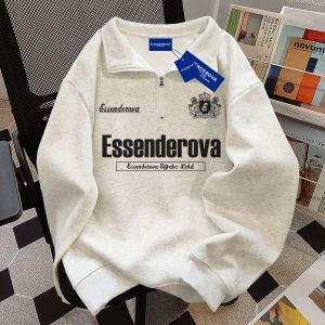 Trendy Retro Alphabet Half Zipper Polo Shirt Sweatshirt Mens Fall and Winter Fleece-lined Thickened Loose Fashion Brand Couples Tops