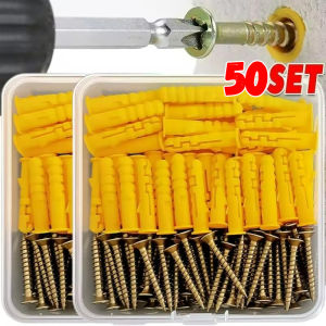 50Sets Concrete Drywall Anchor Screw Kit Plastic Expansion Tubes Fixing Wall Anchors Plug Self-Tapping Flat Head Screws Bolt Fasteners
