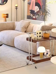 Quầy bar mini di động thông minh có giá treo ly Kệ rượu 2 tầng có bánh xe đẩy decor quầy bar phòng khách đẹp