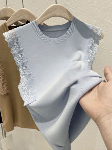 PAIBOLI | Large Size Lace Patchwork Ice Silk Knitted Vest Womens New Elegant Unique Top Super Beautiful Age-Defying