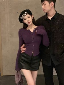 HUOLISI | Slim Fitting Purple Knit Cardigan