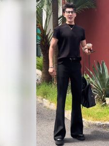 Black Deconstructed Shoulder T-Shirt And Knife Pleat Pants Set for Men Summer Fashionable Streetwear Long Short Sleeve Options