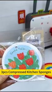 3Pcs Kitchen Sponges Flower Pattern Compressed Cellulose Sponges Non Scratch Natural Sponges for Dishes Dish Sponges for Cleaning Kitchen Bathroom Household