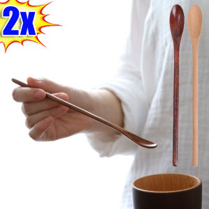 2PCS Wooden Stirring Spoon Japanese Natural Teaspoon Long Handle Small Spoon Ice Cream Honey Dessert Spoon Home Kitchen Tableware