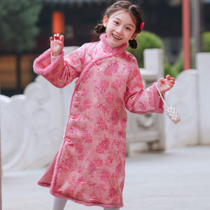New Years Long Cheongsam Childrens Clothing for Girls Knee-Length Winter Fashionable Traditional Chinese Style Long Robe