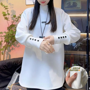 Autumn Winter Womens Fleece Lined Thickened T-Shirt Half High Collar Loose Warm Base Layer Shirt Creative Pattern Long Sleeve