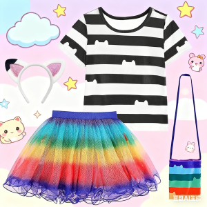 Childrens Clothing Girls Gabby Doll House Black White Stripe T-shirt Rainbow Skirt Set Gabby Cats Birthday Party Clothing Set