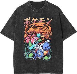 Bandai | Pokémon Gengar and Pikachu Anime T-Shirt Vintage Washed Black Tee for Men Women Casual Streetwear Fashion Top