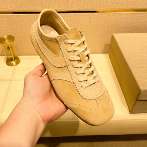 Mens Leather Sport Casual Shoes Breathable Thin Retro Color Block Design Versatile Comfortable Flat Heel round Toe Trainer